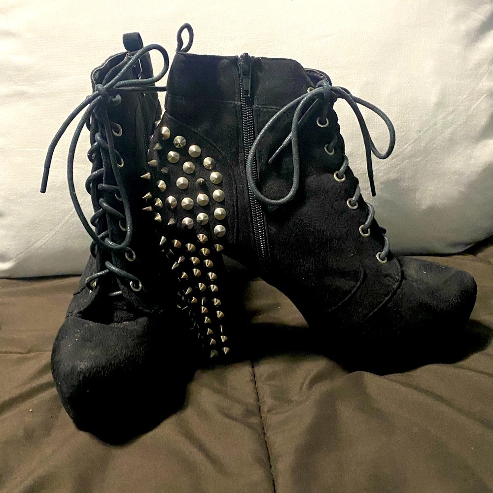 Black spike heel booties